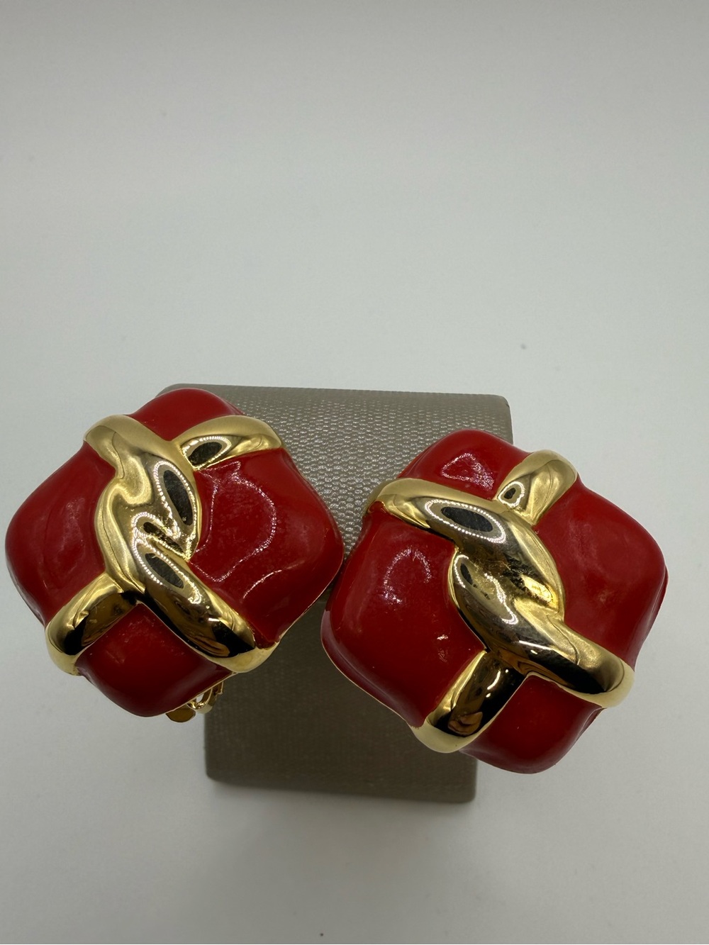 Vintage M. Jent Signed Red Enamel Gold Tone Clip-On Statement Earrings